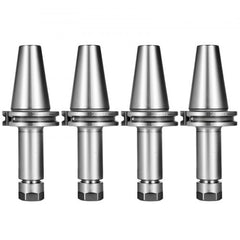 Four silver CAT40 ER16 collet chucks with 100mm length and hex nuts.
