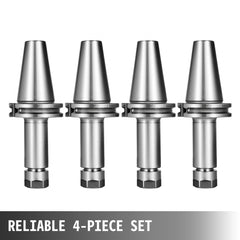 Four silver CAT40 ER16 collet chucks with 100mm length in a set.