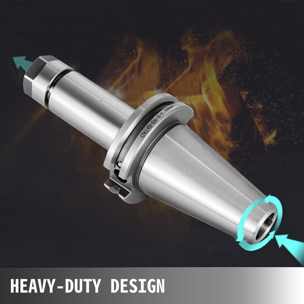 Silver CAT40 ER16 collet chuck with heavy-duty design and coolant flow indicators.