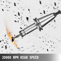 CAT40 ER16 collet chuck set in action at 20000 RPM, showing high-speed drilling with sparks.