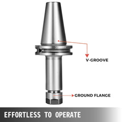 CAT40 ER16 collet chuck with V-groove and ground flange, 100mm length.