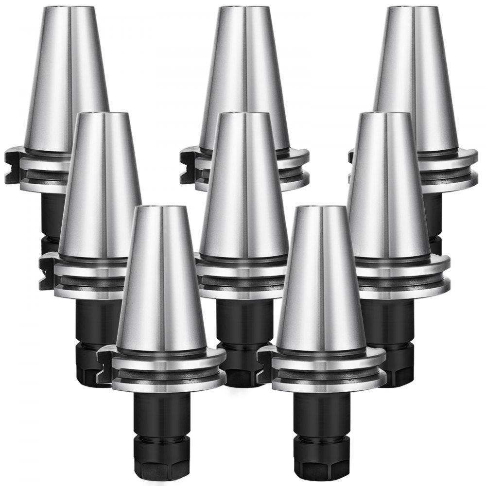 Bostome CAT40 ER16 collet chuck set with eight pieces and 70mm gage length for CNC machining.