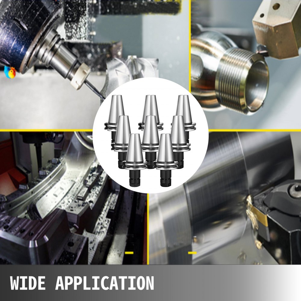 Bostome CAT40 ER16 collet chuck set with eight pieces and 70mm gage length for CNC machining.