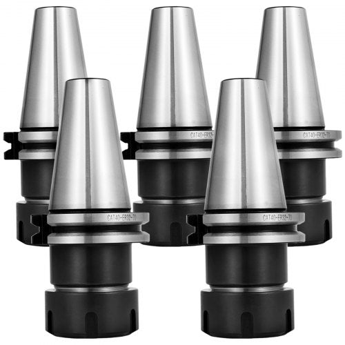 Set of five silver CAT40 ER32 collets with black holders and 2.75-inch gage length.