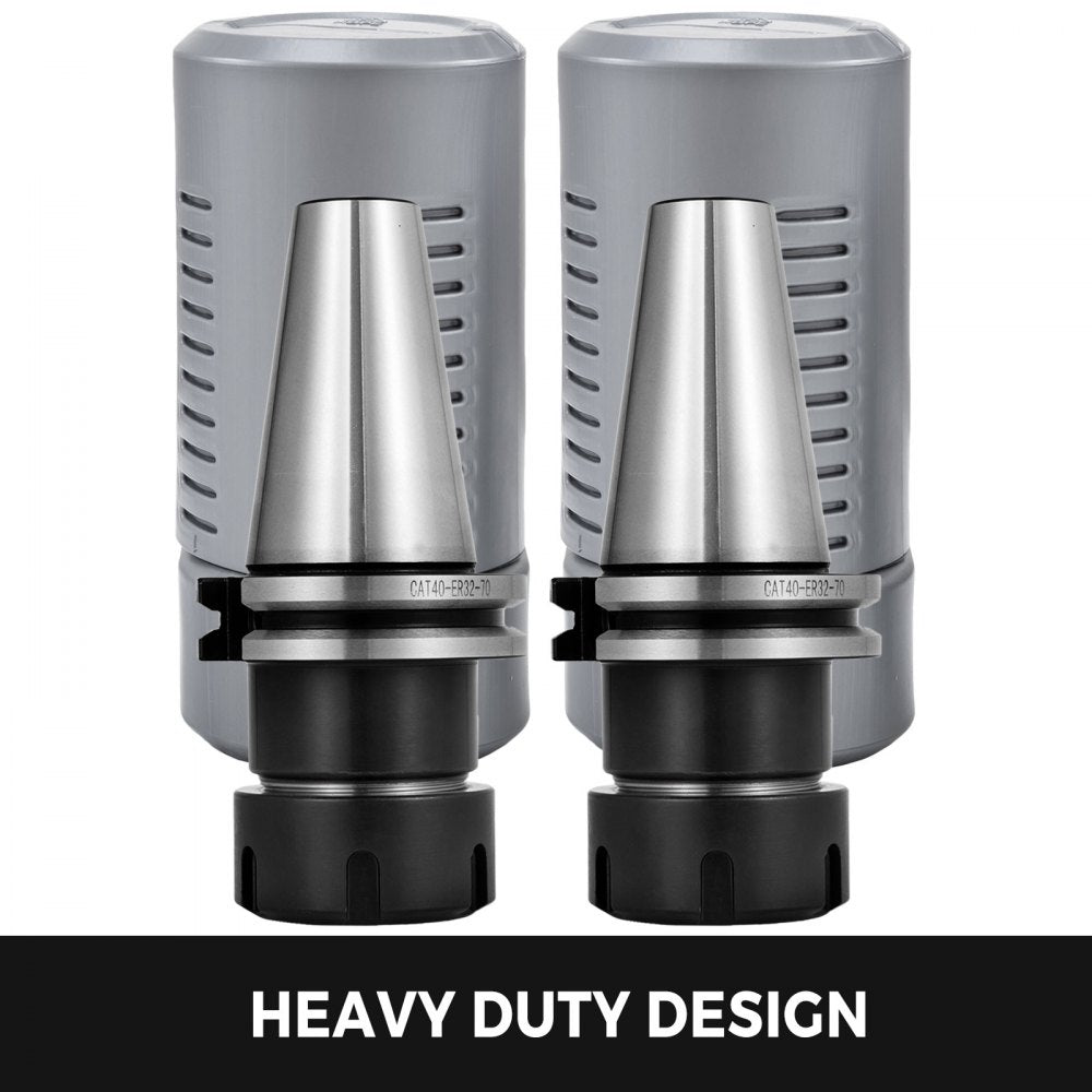 Pair of gray CAT40 ER32 collet chucks with black bases and heavy duty design label.