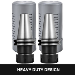 Pair of gray CAT40 ER32 collet chucks with black bases and heavy duty design label.