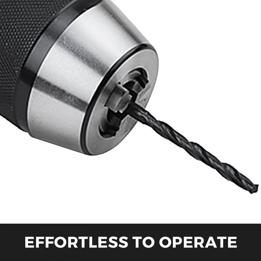 Close-up of CAT40 keyless drill chuck with 1/2-inch capacity holding a black drill bit.