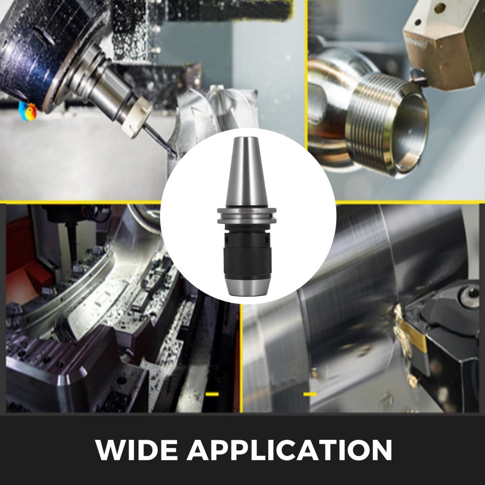 CAT40 keyless drill chuck, 1/2 inch, shown in use on CNC milling lathe with close-up views.