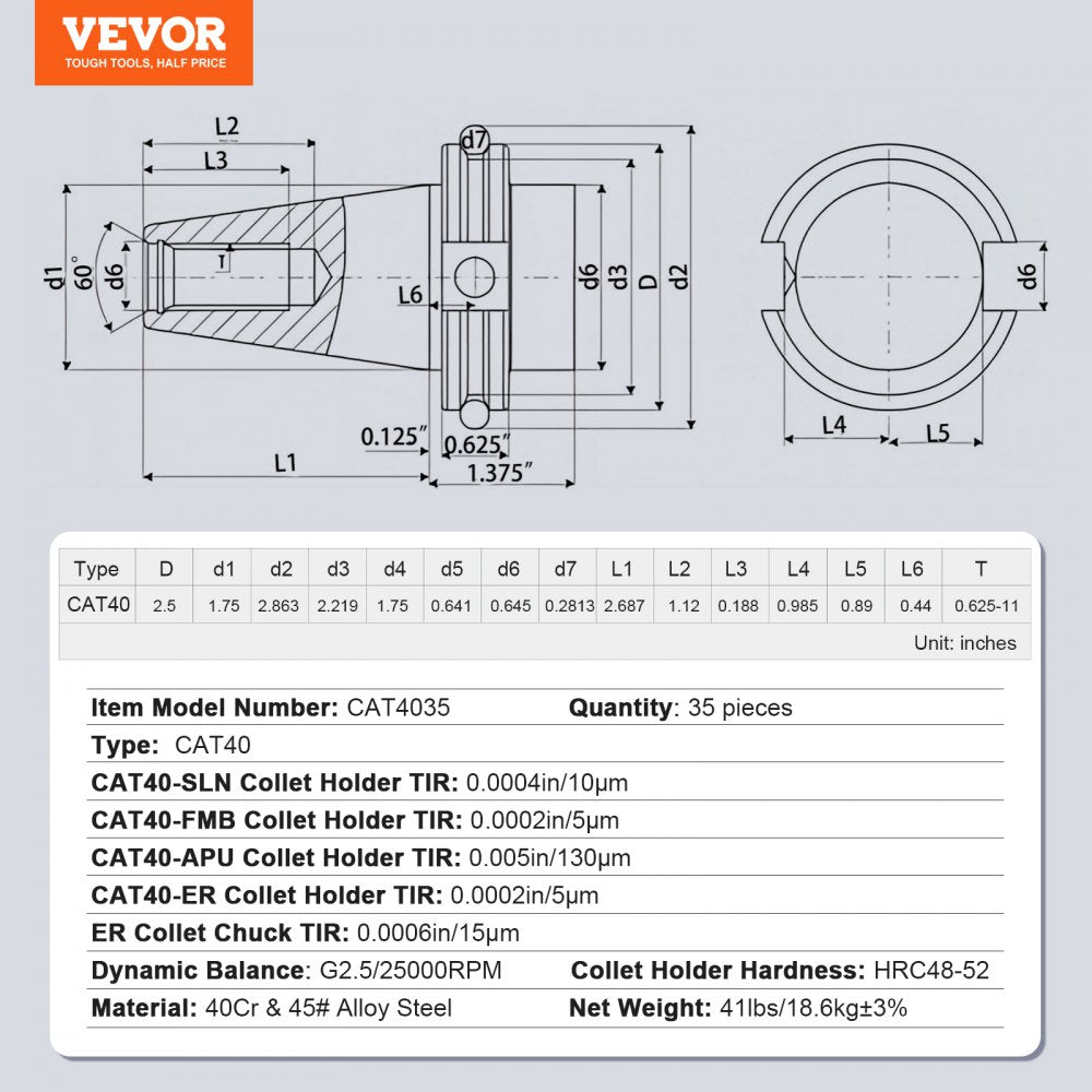 35-piece Bostome CAT40 ER16/32 collet holder set made of spring steel for milling operations.