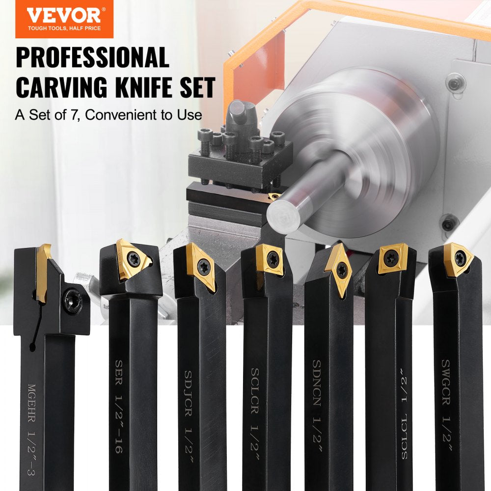 Seven-piece set of indexable carbide lathe tools in a compact aluminum case.