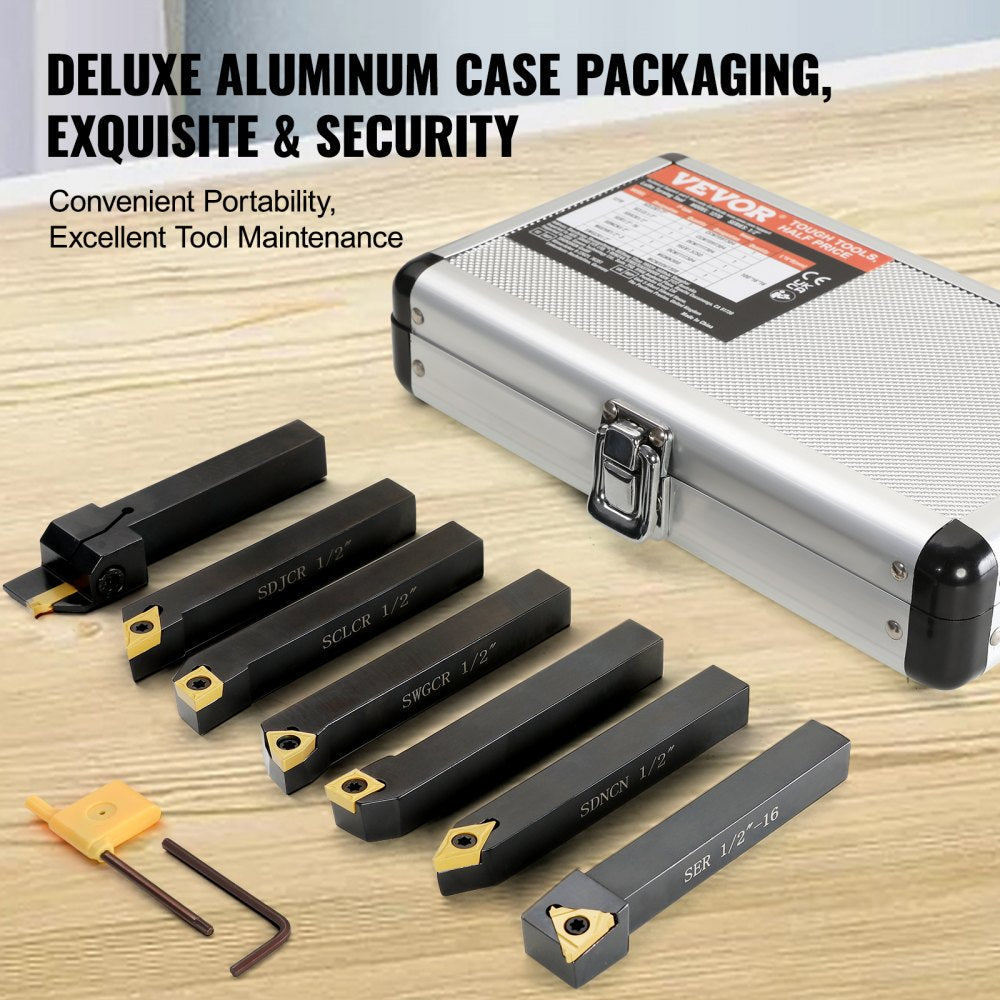 Seven-piece set of indexable carbide lathe tools in a compact aluminum case.