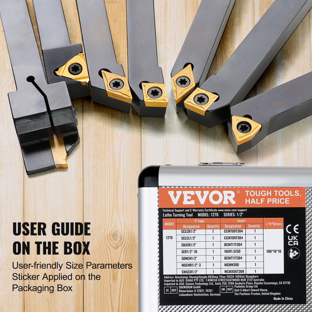 Seven-piece set of indexable carbide lathe tools in a compact aluminum case.