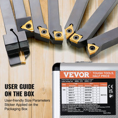 Seven-piece set of indexable carbide lathe tools in a compact aluminum case.