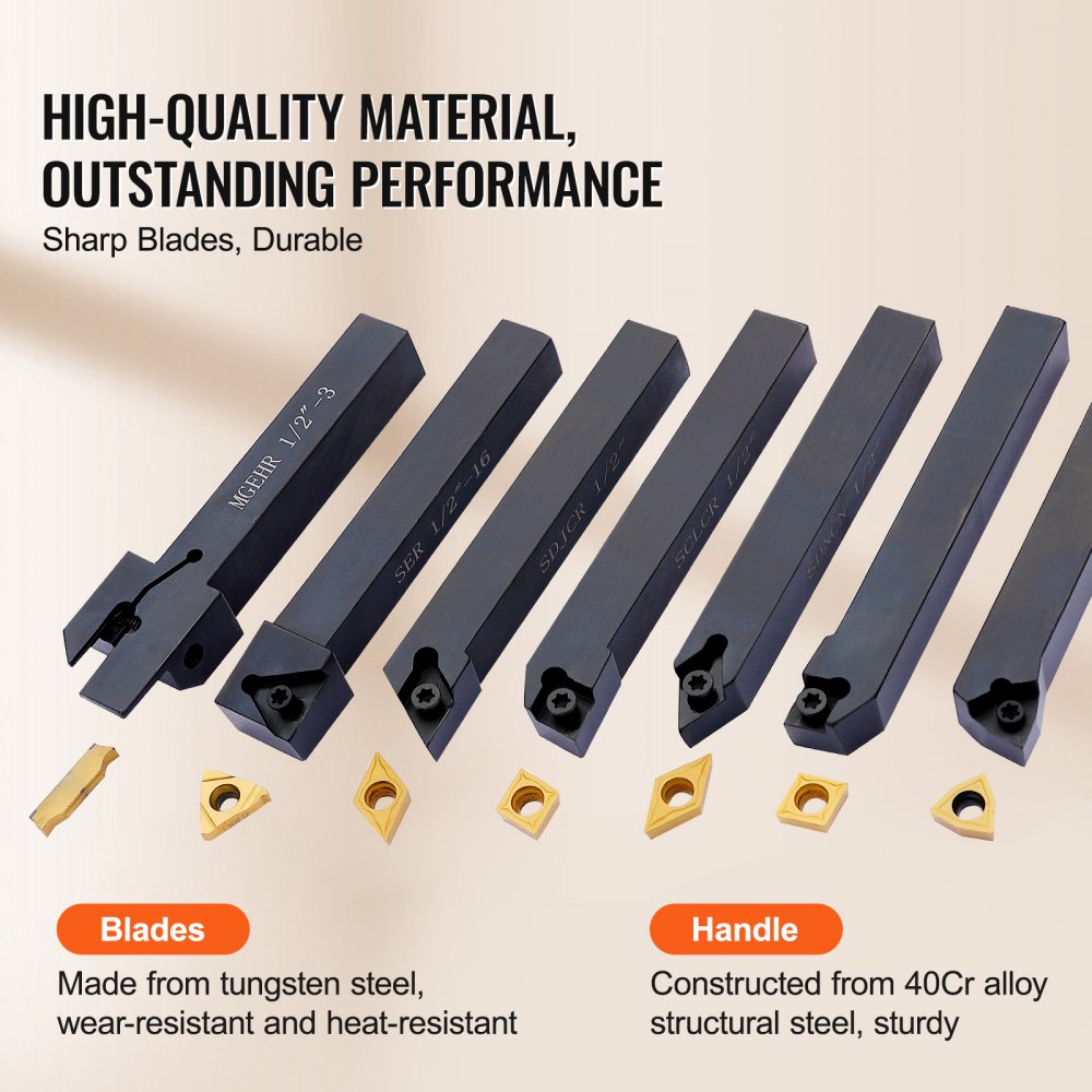 Seven-piece set of indexable carbide lathe tools in a compact aluminum case.