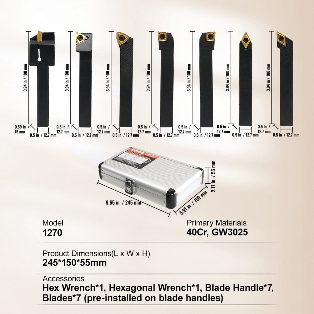 Seven-piece set of indexable carbide lathe tools in an aluminum case with inserts and wrenches.