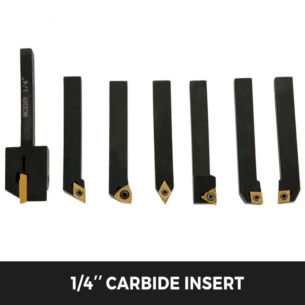 Black 7-piece Bostome indexable carbide lathe turning tool set with durable inserts and wrenches.