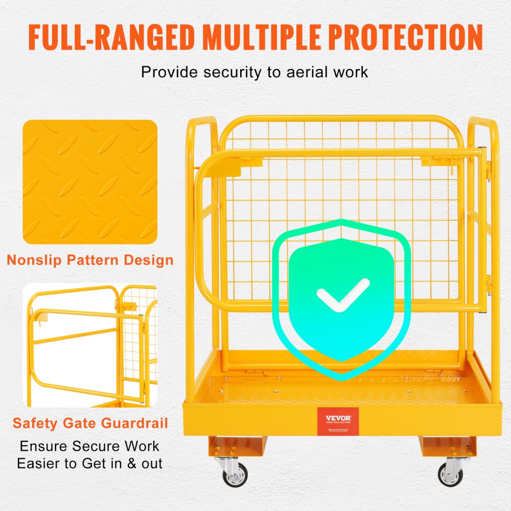 Forklift Safety Cage, 1200 lbs Load Capacity, 36 x 36 inches Folding Forklift Work Platform with Lockable Swivel Wheels, Drain Hole & Device Chain, Holds 1 to 2 Adults, Perfect for Aerial Work