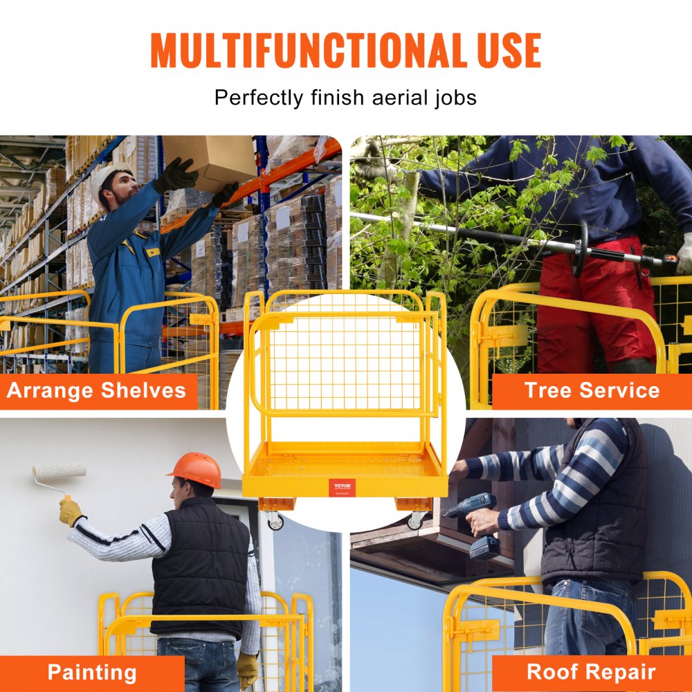 Forklift Safety Cage, 1200 lbs Load Capacity, 36 x 36 inches Folding Forklift Work Platform with Lockable Swivel Wheels, Drain Hole & Device Chain, Holds 1 to 2 Adults, Perfect for Aerial Work