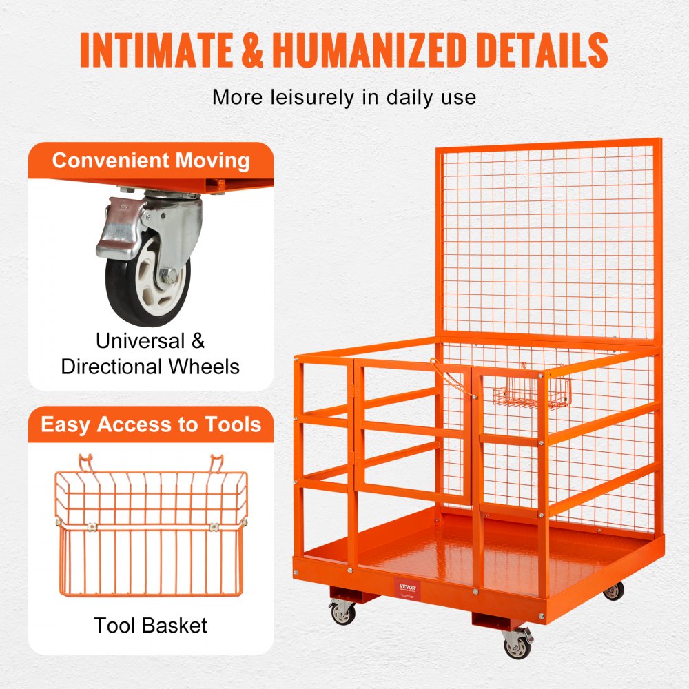 Forklift Safety Cage Work Platform 43X45in 1400lbs w/ Wheels for Aerial