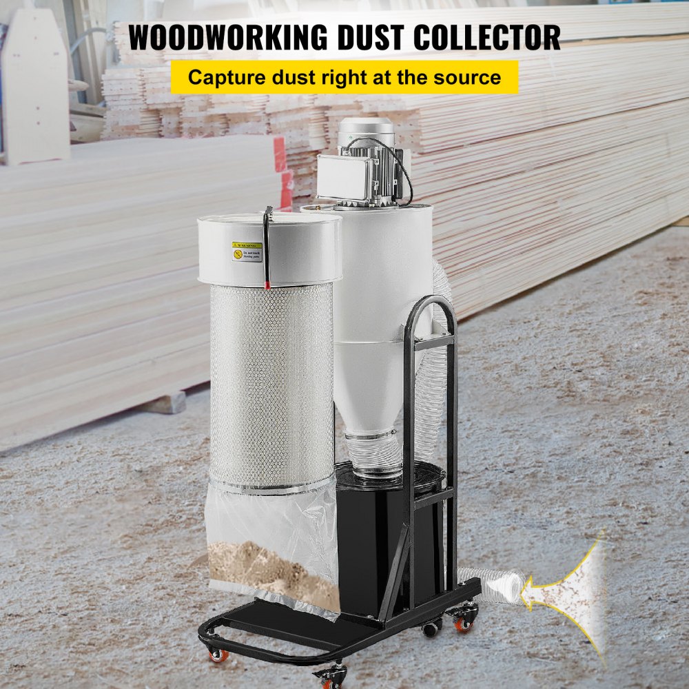 Bostome 2HP cyclone dust collector with a 13.2-gallon drum and flexible hose for efficient dust removal.