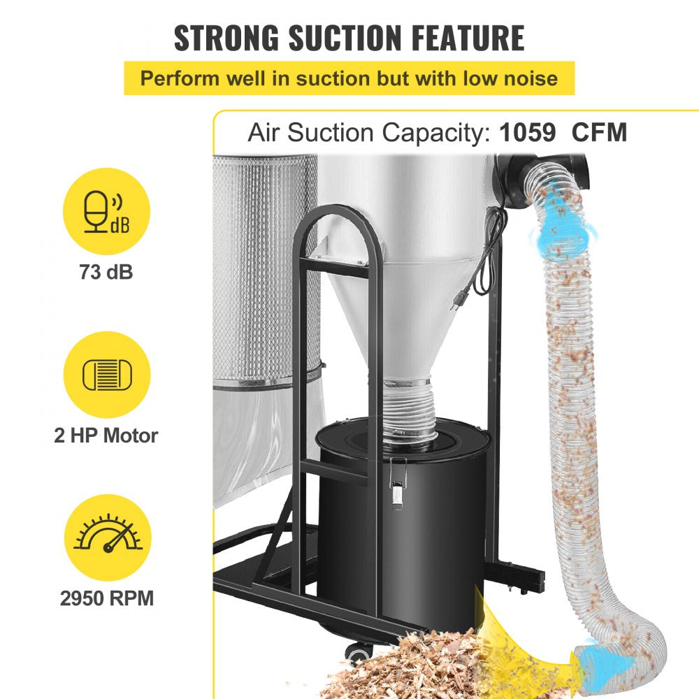 Bostome 2HP Cyclone Dust Collector with 13.2-gallon drum and flexible 78.7-inch hose.