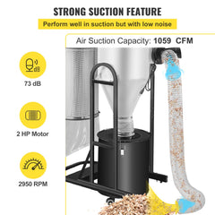 Bostome 2HP Cyclone Dust Collector with 13.2-gallon drum and flexible 78.7-inch hose.