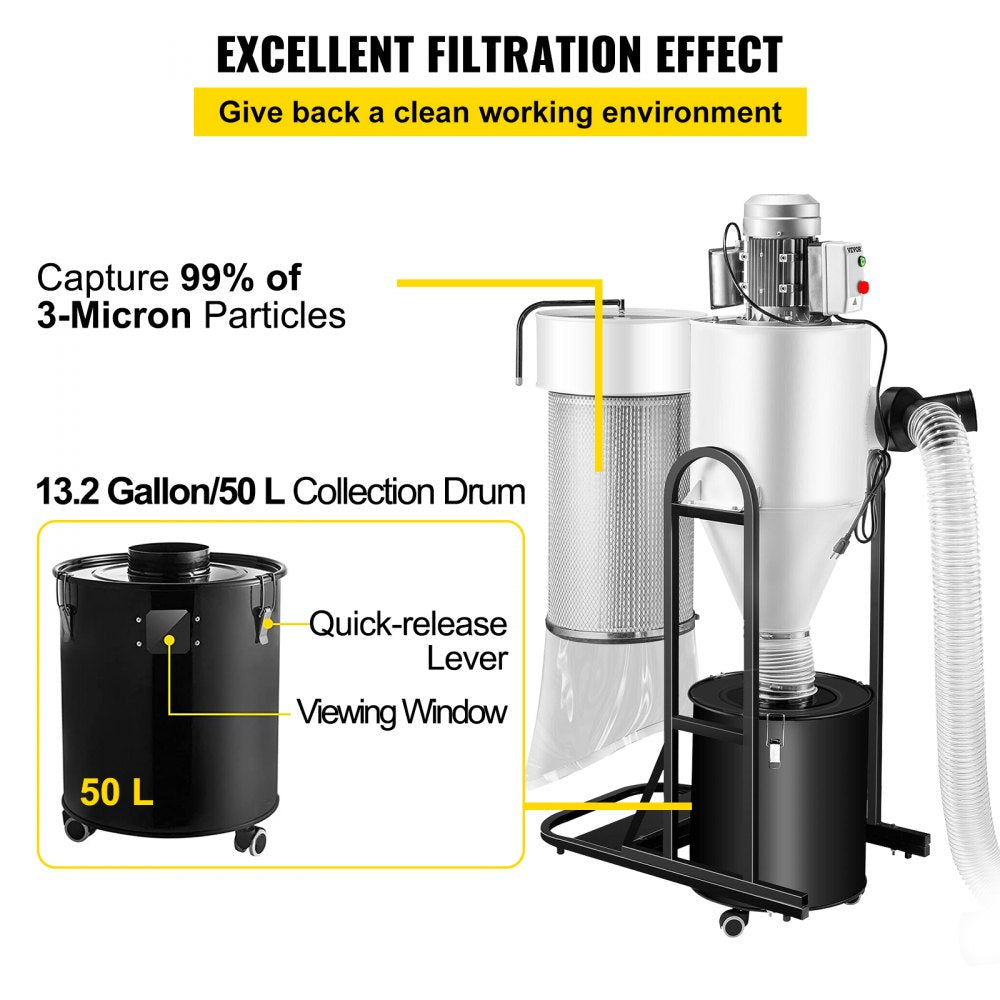 Bostome 2HP Cyclone Dust Collector with 13.2-gallon drum and flexible 78.7-inch hose.