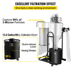 Bostome 2HP Cyclone Dust Collector with 13.2-gallon drum and flexible 78.7-inch hose.