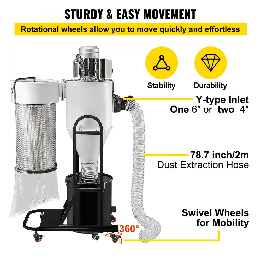 Bostome 2HP Cyclone Dust Collector with 13.2-gallon drum and 1059 CFM suction power.