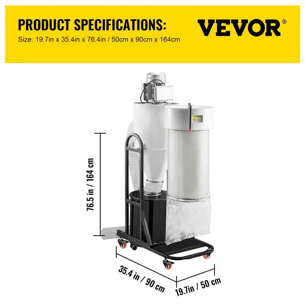 Bostome 2HP Cyclone Dust Collector with 13.2-gallon drum and 1059 CFM suction power.