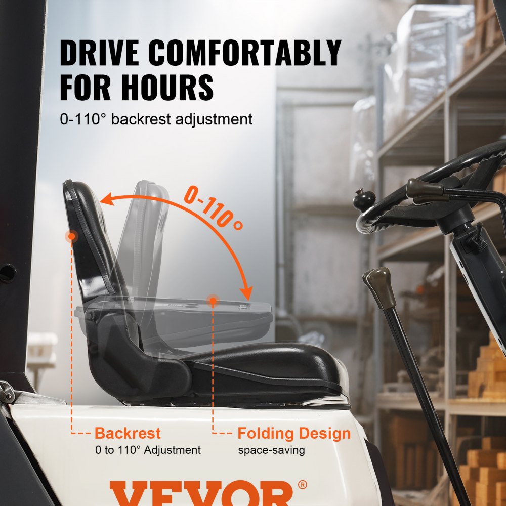 Universal Forklift Seat, Fold Down Tractor Seat with Adjustable Angle Back and Micro Switch, 6.3-13.4 inch Extended Slot Comfortable Forklift Seat for Tractor Loader Excavator