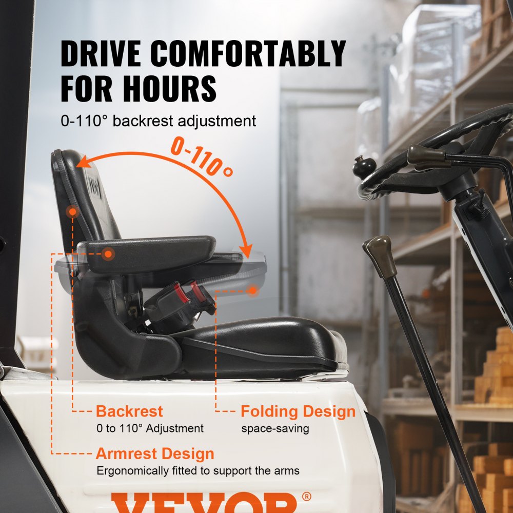 Universal Forklift Seat, Fold Down Tractor Seat with Adjustable Angle Back, Micro Switch, Seatbelt and Armrests, 6.3-13.4 inch Slot Tractor Seat for Tractor Loader Excavator