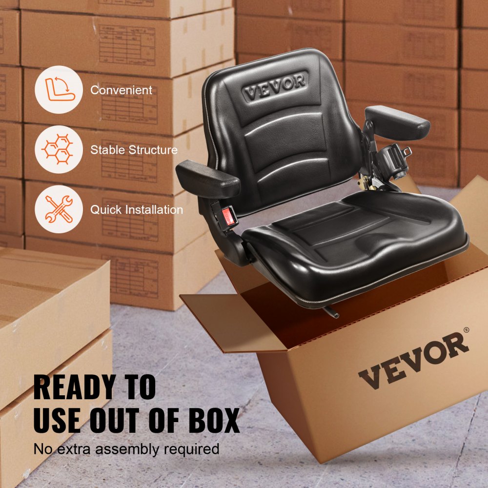 Universal Forklift Seat, Fold Down Tractor Seat with Adjustable Angle Back, Micro Switch, Seatbelt and Armrests, 6.3-13.4 inch Slot Tractor Seat for Tractor Loader Excavator