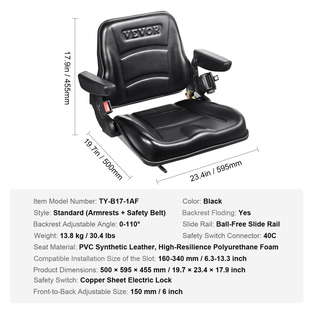 Universal Forklift Seat, Fold Down Tractor Seat with Adjustable Angle Back, Micro Switch, Seatbelt and Armrests, 6.3-13.4 inch Slot Tractor Seat for Tractor Loader Excavator