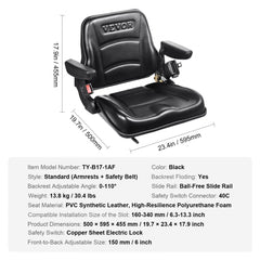 Universal Forklift Seat, Fold Down Tractor Seat with Adjustable Angle Back, Micro Switch, Seatbelt and Armrests, 6.3-13.4 inch Slot Tractor Seat for Tractor Loader Excavator