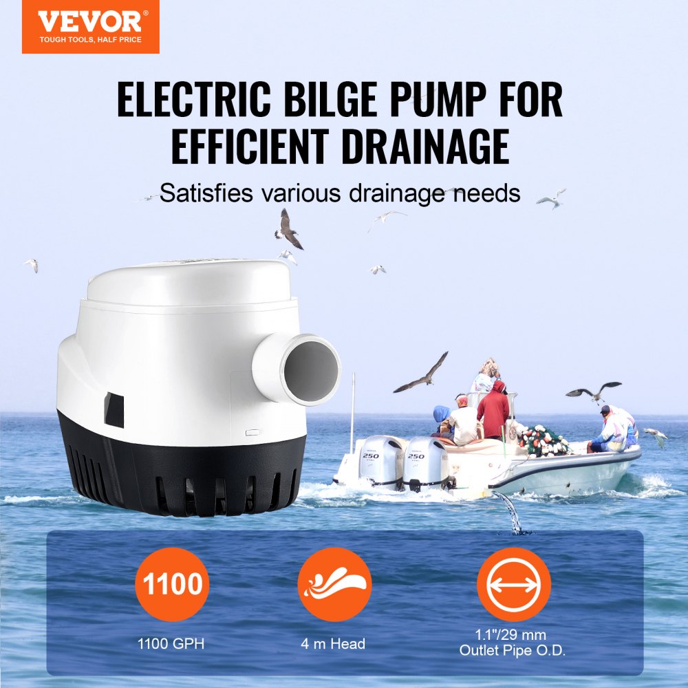 Bilge Pump, 1100GPH 12V Automatic Submersible Boat Bilge Water Pump with Float Switch, 1.1" Outlet Diameter, Small Boat Bilge Pump, Marine Electric Bilge Pump for Boats, Ponds, Pools, Basements