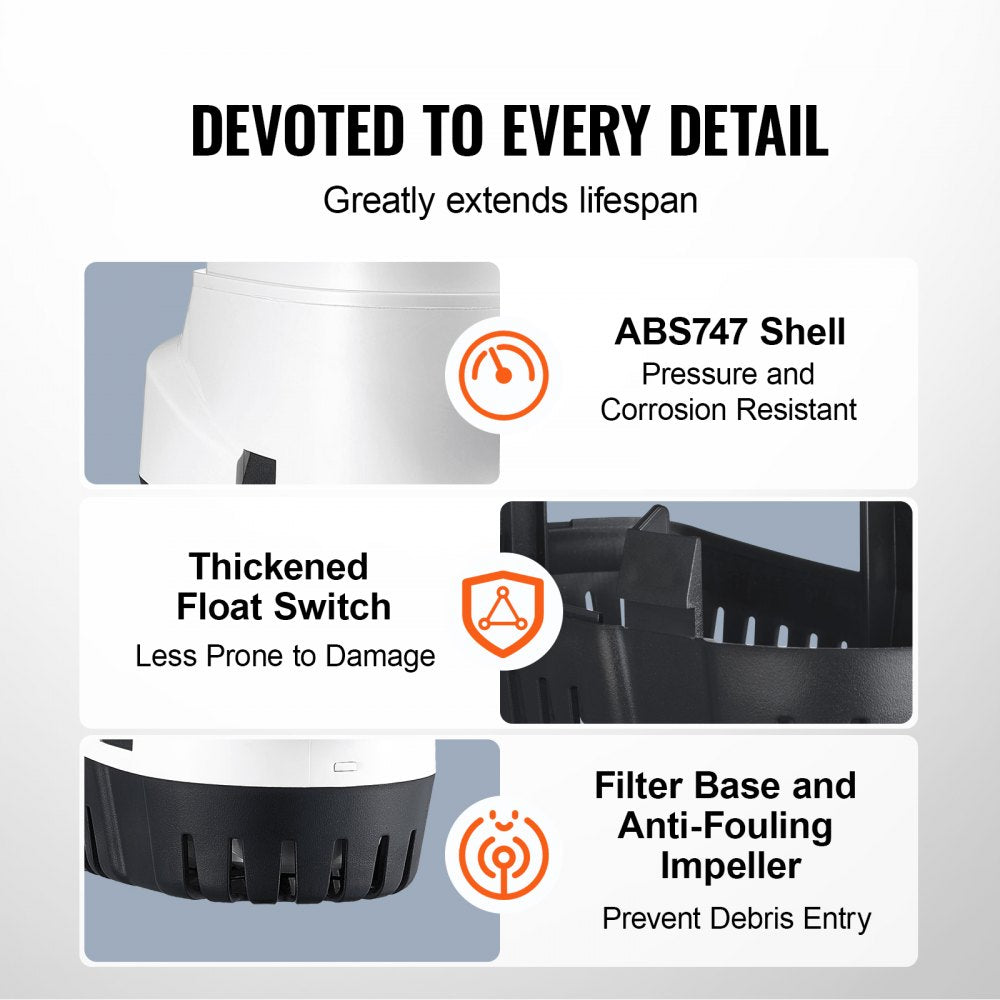 Bilge Pump, 1100GPH 12V Automatic Submersible Boat Bilge Water Pump with Float Switch, 1.1" Outlet Diameter, Small Boat Bilge Pump, Marine Electric Bilge Pump for Boats, Ponds, Pools, Basements