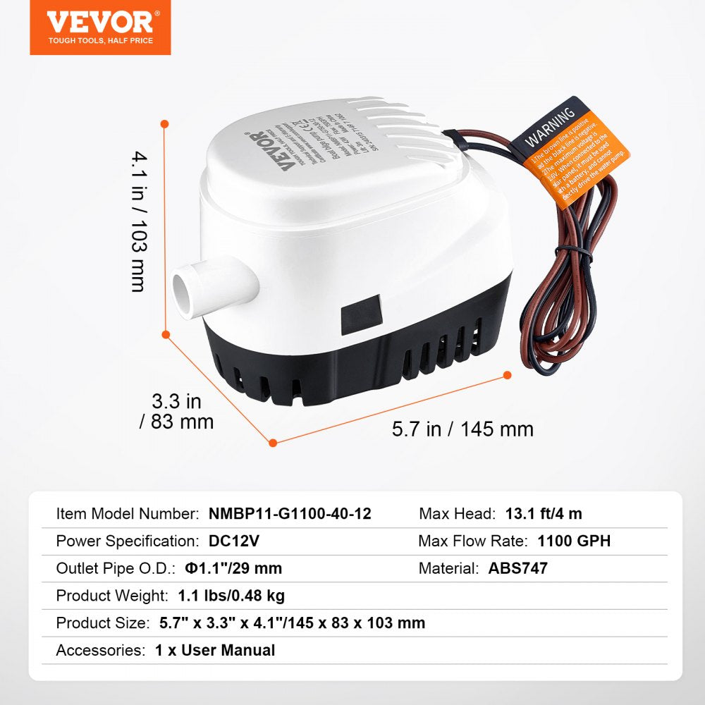 Bilge Pump, 1100GPH 12V Automatic Submersible Boat Bilge Water Pump with Float Switch, 1.1" Outlet Diameter, Small Boat Bilge Pump, Marine Electric Bilge Pump for Boats, Ponds, Pools, Basements