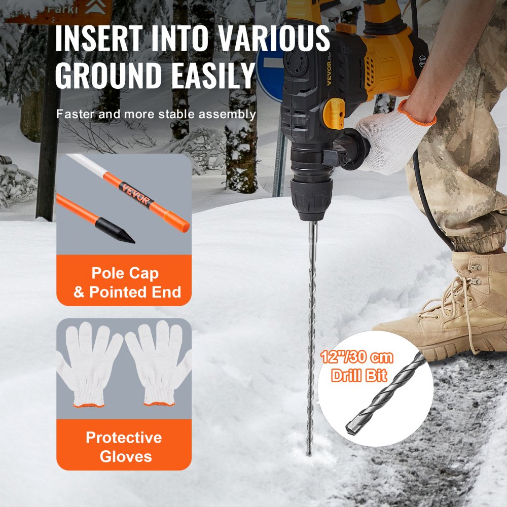 Driveway Markers, 30 PCS 48 inch, 0.4 inch Diameter, Orange Fiberglass Poles Snow Stakes with Reflective Tape, 12" Steel Drill Bit & Protection Gloves for Parking Lots, Walkways Easy Visibility