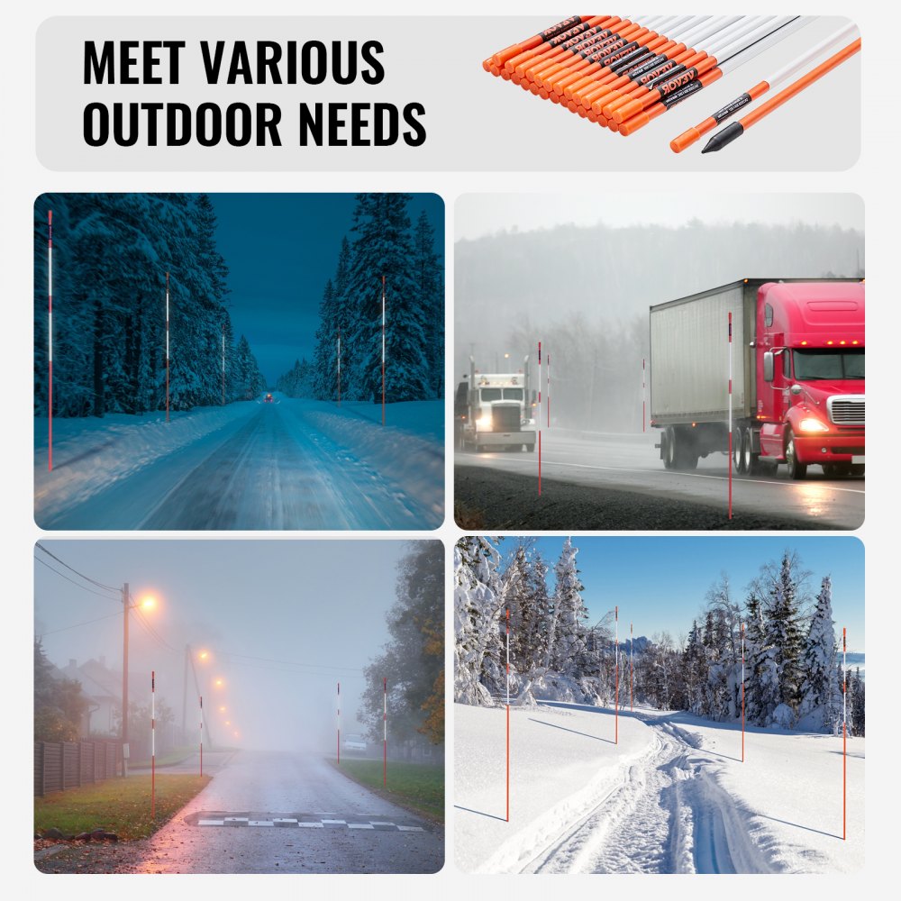 Driveway Markers, 30 PCS 48 inch, 0.4 inch Diameter, Orange Fiberglass Poles Snow Stakes with Reflective Tape, 12" Steel Drill Bit & Protection Gloves for Parking Lots, Walkways Easy Visibility