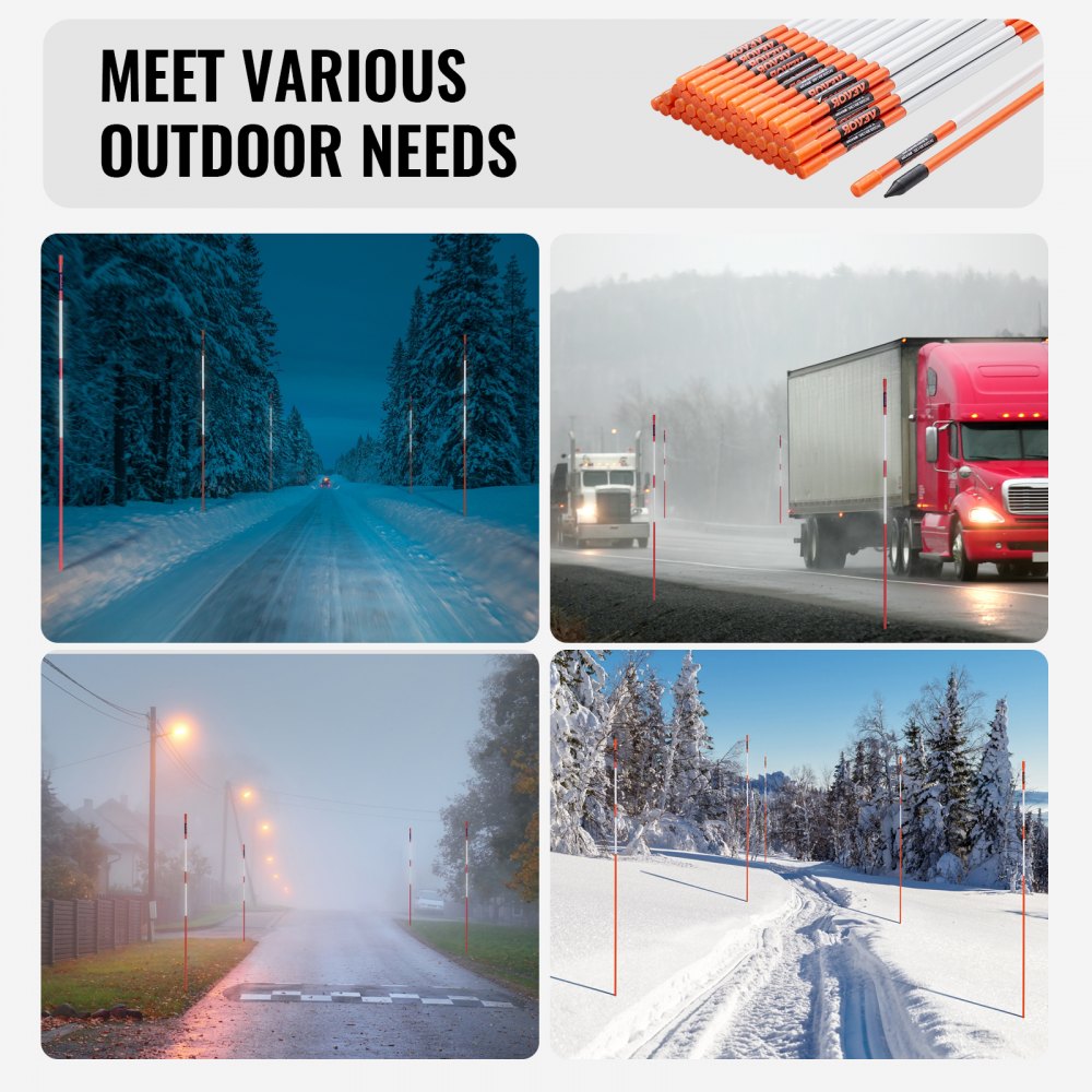 Driveway Markers, 50 PCS 48 inch, 0.4 inch Diameter, Orange Fiberglass Poles Snow Stakes with Reflective Tape, 12" Steel Drill Bit & Protection Gloves for Parking Lots, Walkways Easy Visibility