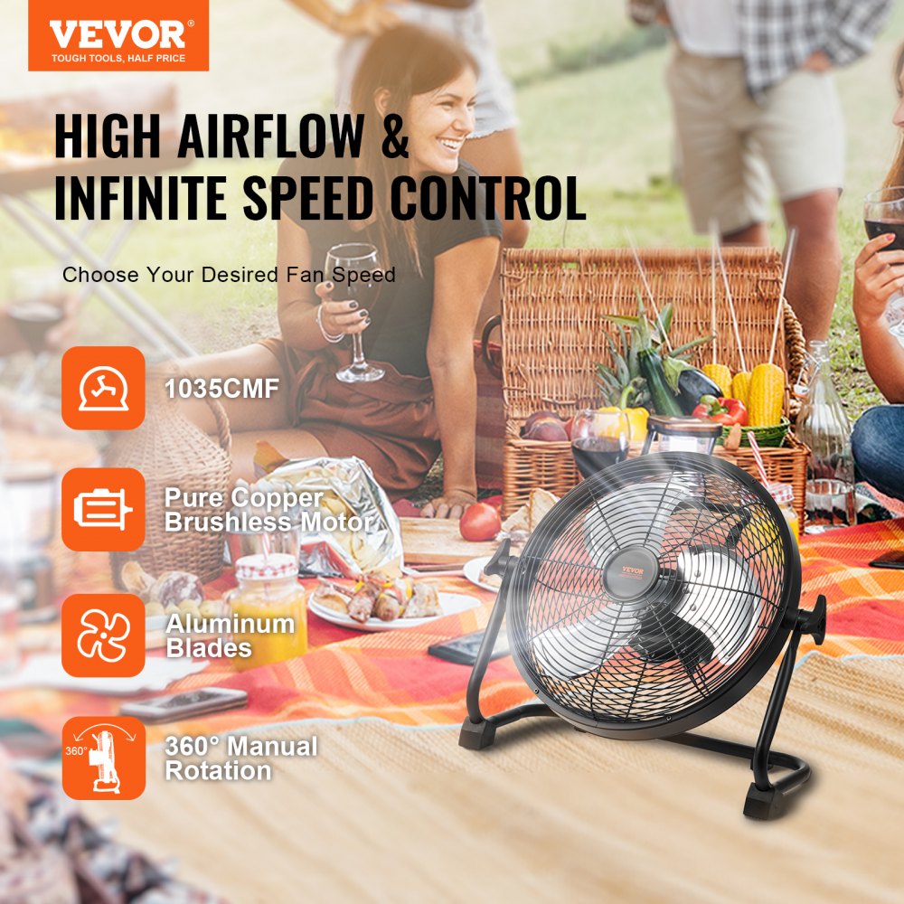 Portable 12-inch cordless floor fan with metal frame and adjustable speed settings.