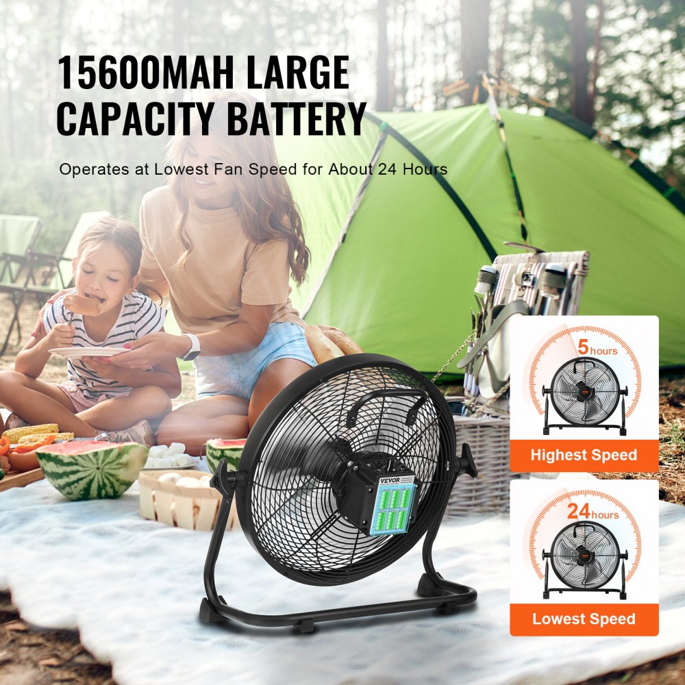 Portable Bostome 12" cordless floor fan with a metal frame and adjustable speed settings.