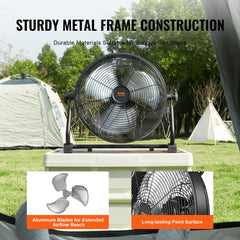 Portable 12-inch cordless floor fan with metal frame, rechargeable battery, and adjustable speed.