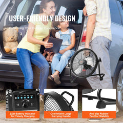 Portable 12-inch cordless floor fan with metal frame, rechargeable battery, and adjustable speed.