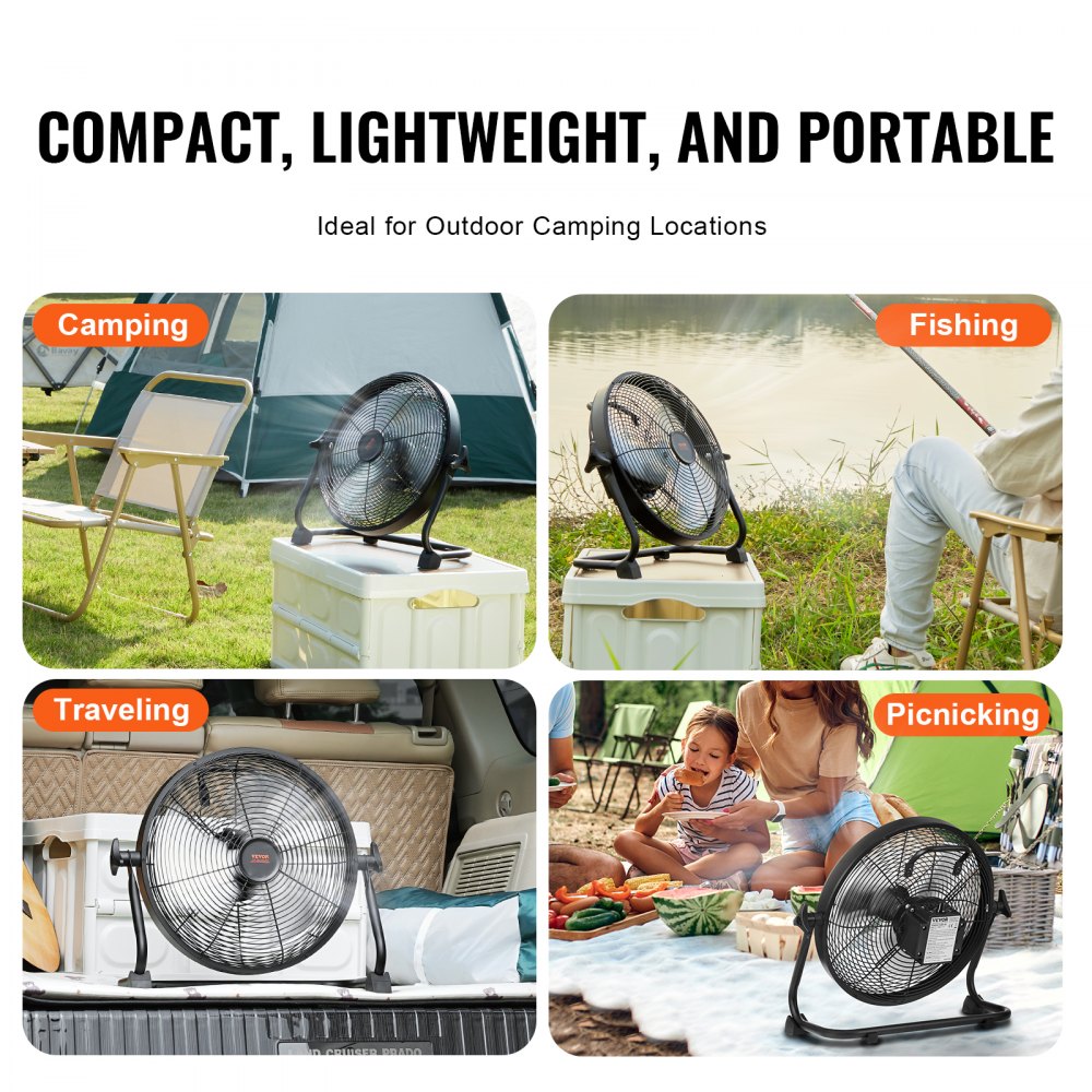 Portable 12-inch cordless floor fan with metal frame, rechargeable battery, and adjustable speed.
