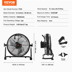 Portable 12-inch cordless floor fan with a metal frame and rechargeable battery for easy use.