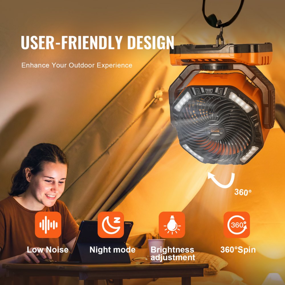 Portable Fan Rechargeable 13 inch, Battery Powered Fan with LED Lantern, 4 Speeds Adjustable & 45°/90°Automatic Swivel & Timer , USB Battery Operated Fans for Travel Bedroom Home Camping Office
