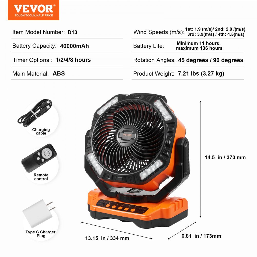 Portable Fan Rechargeable 13 inch, Battery Powered Fan with LED Lantern, 4 Speeds Adjustable & 45°/90°Automatic Swivel & Timer , USB Battery Operated Fans for Travel Bedroom Home Camping Office