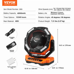 Portable Fan Rechargeable 13 inch, Battery Powered Fan with LED Lantern, 4 Speeds Adjustable & 45°/90°Automatic Swivel & Timer , USB Battery Operated Fans for Travel Bedroom Home Camping Office